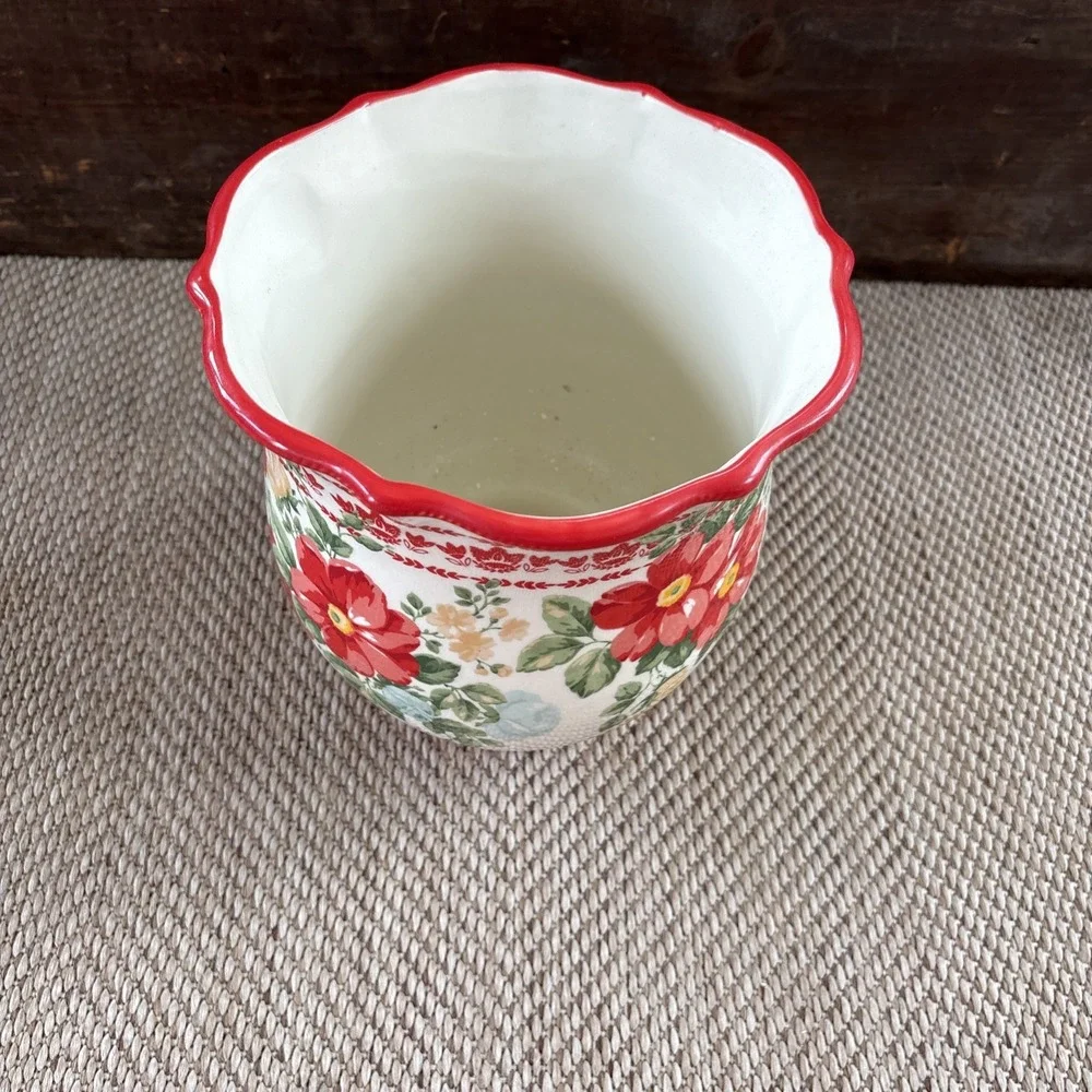 Pioneer Woman Vintage Floral Stoneware Utensil Holder Crock Red Discontinued